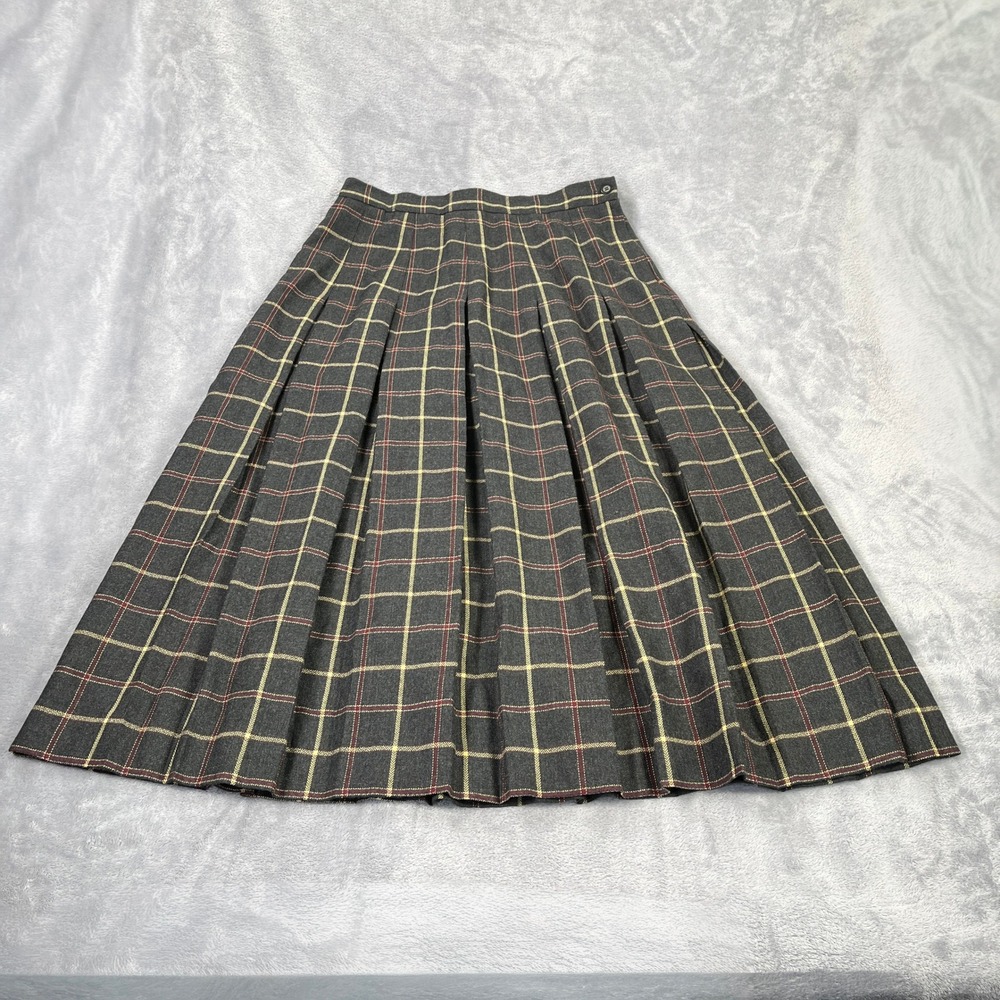 Vintage 90s Jos A Bank 12 Plaid Wool Pleated Skirt Dark Academia Preppy Midi - Picture 4 of 7